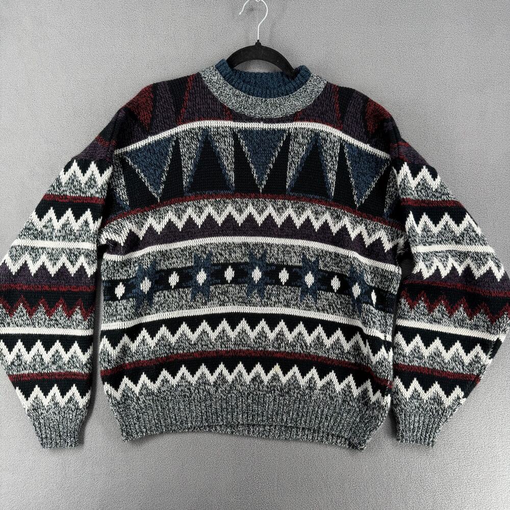 Vintage 80s 90s Todays News‎ Pattern Stripe Crew Neck Sweater Mens L Cosby